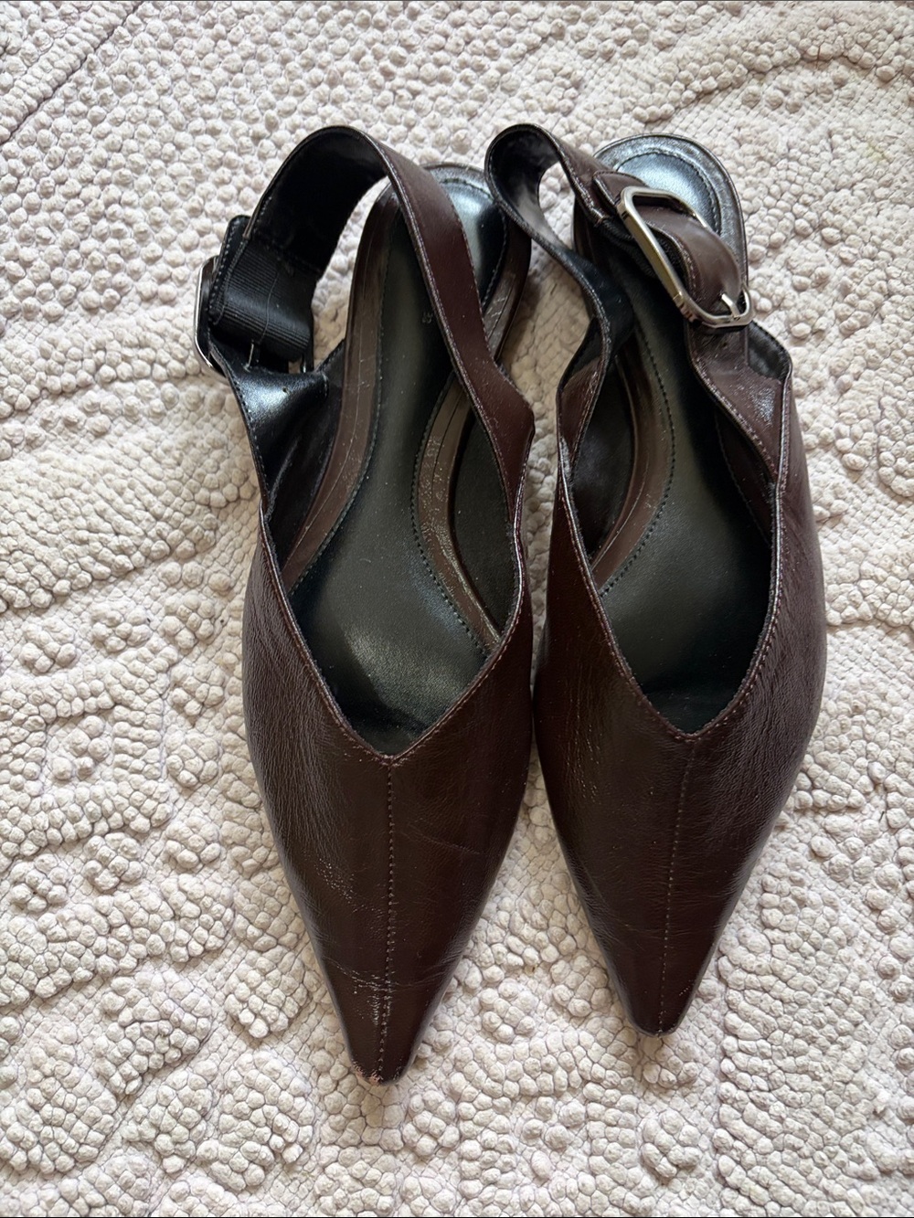 Zara Leather Pointed Toe Buckle Slingback Flats Brown EU 38